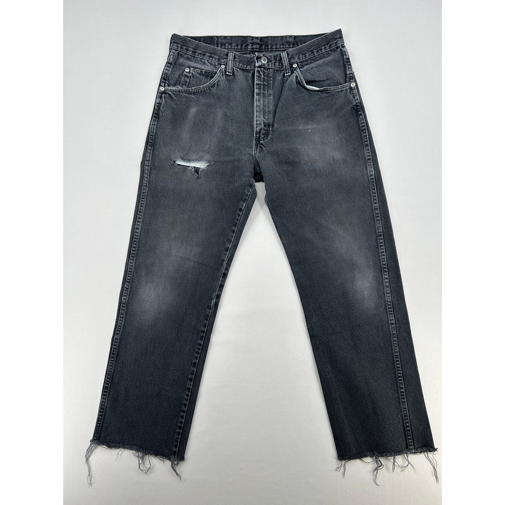 Wrangler Authentics Mens Faded Black Distressed Relaxed Fit Raw Hem Jeans 33x28